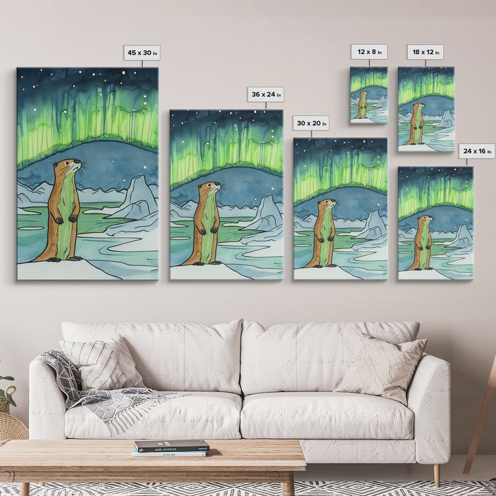 Curious Otter Under Green Aurora Wall Art, Arctic Animal Print, Northern Lights Decor, Whimsical Nursery And Kids Room Art