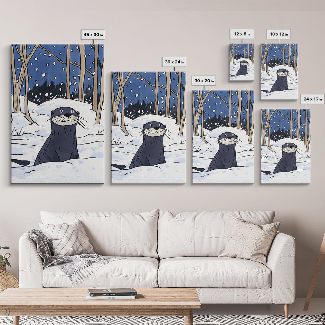 Snowy Forest Otter Wall Art, Winter Animal Print, Whimsical Wildlife Decor, Woodland Nursery Art And Cozy Cabin Decor Gift