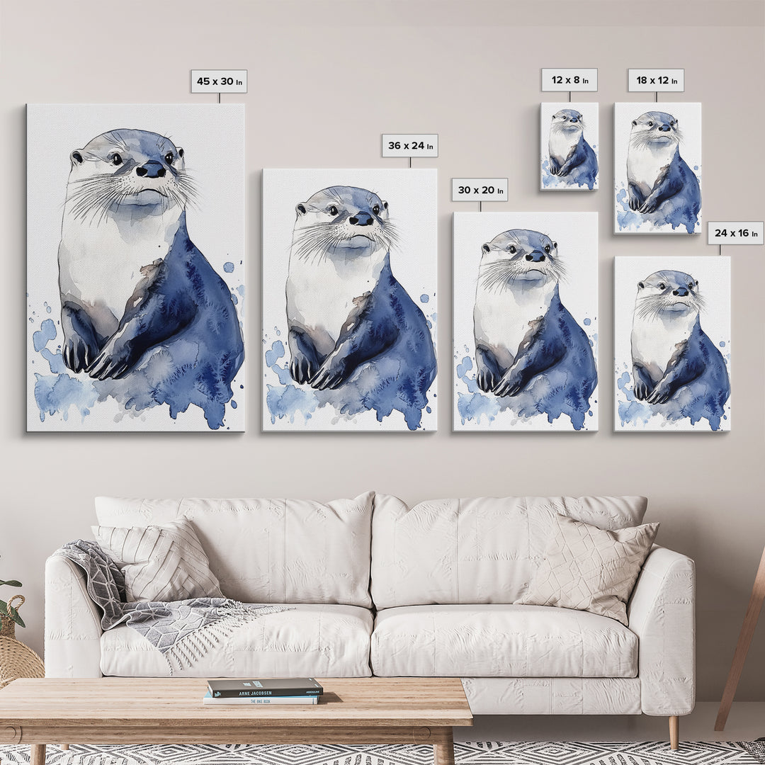 Blue Watercolor Otter Canvas Print, Coastal Animal Art, Wildlife Wall Decor, Nautical Nursery Print And Ocean Lover Gift