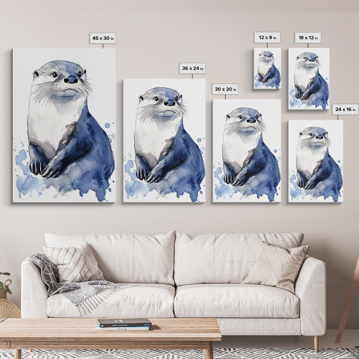 Blue Watercolor Otter Canvas Print, Coastal Animal Art, Wildlife Wall Decor, Nautical Nursery Print And Ocean Lover Gift