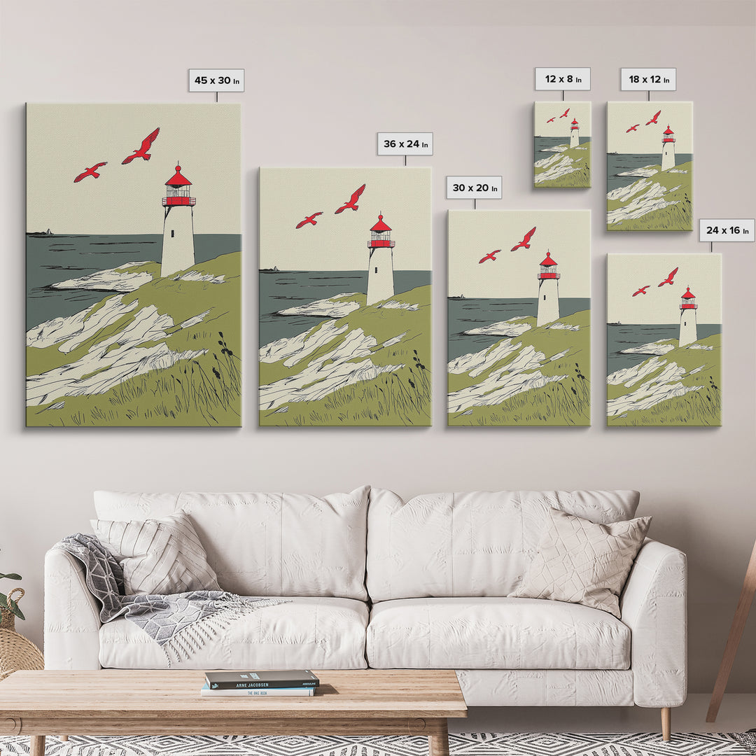 Coastal Lighthouse With Red Birds Wall Art, Nautical Print, Beach House Decor, Seaside Landscape Art And Ocean Wall Decor