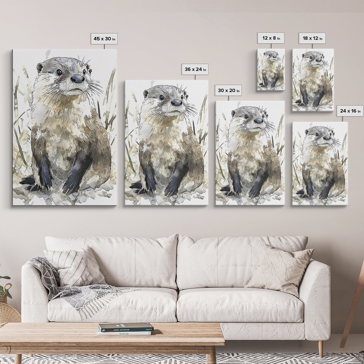 Neutral Watercolor Otter Framed Canvas Print, Wildlife Wall Art, Woodland Animal Decor, Nature Art Print And Housewarming Gift