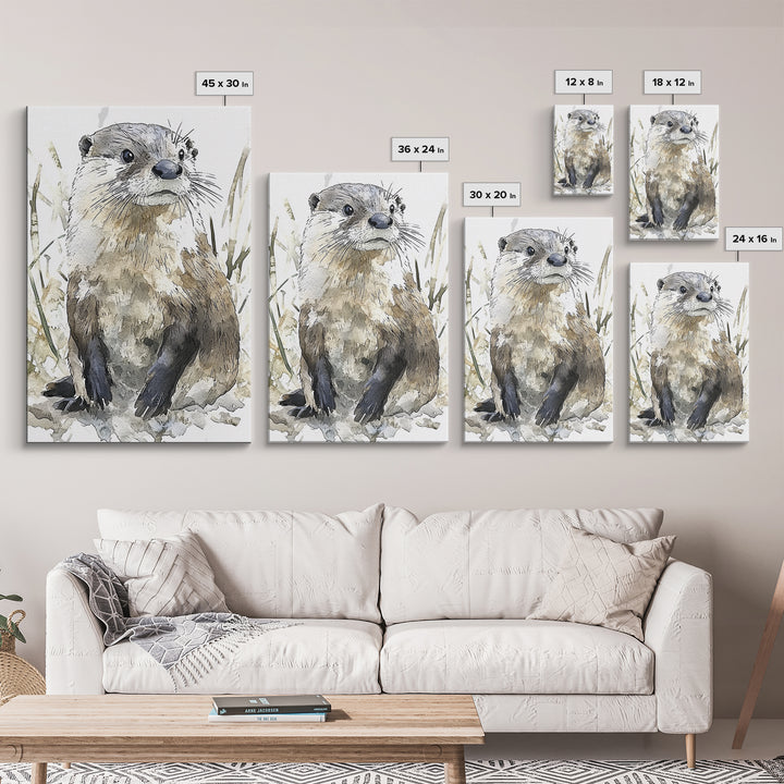 Neutral Watercolor Otter Framed Canvas Print, Wildlife Wall Art, Woodland Animal Decor, Nature Art Print And Housewarming Gift