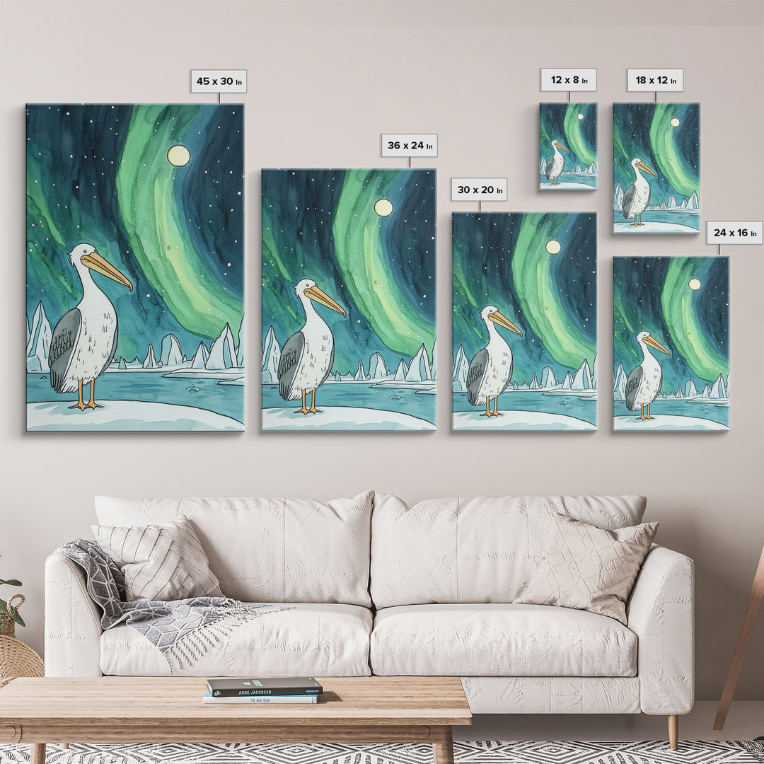 Pelican Under Green Aurora Canvas Print, Northern Lights Wall Art, Arctic Coastal Decor, Bird Lover Gift And Nursery Art