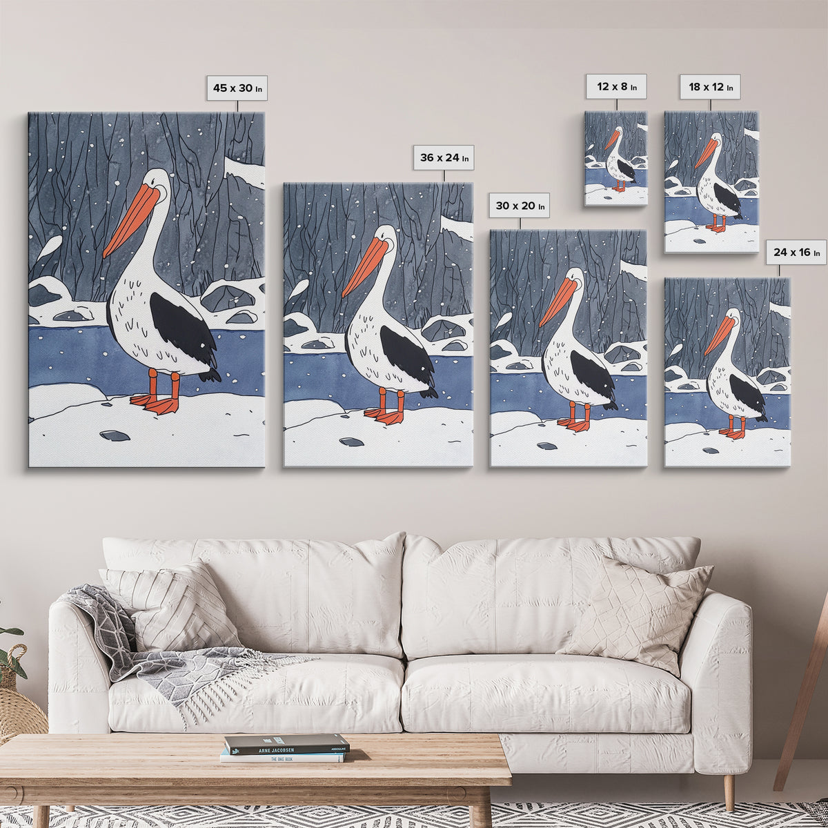 Snowy Pelican In Winter Woods Wall Art, Whimsical Bird Print, Wildlife Decor, Kids Room Art And Cozy Cabin Wall Decor Gift