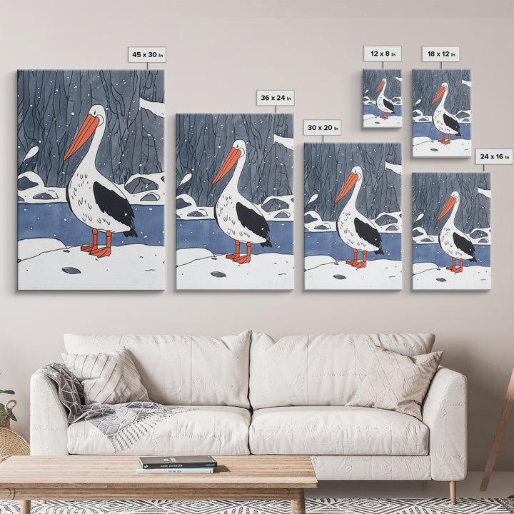 Snowy Pelican In Winter Woods Wall Art, Whimsical Bird Print, Wildlife Decor, Kids Room Art And Cozy Cabin Wall Decor Gift