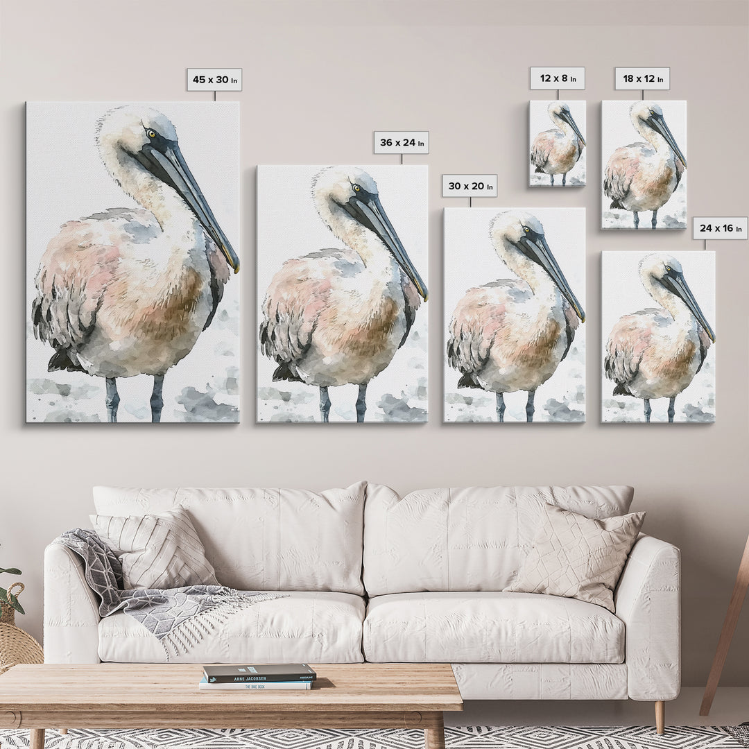 Soft Watercolor Pelican Framed Canvas Print, Coastal Bird Wall Art, Nautical Decor, Ocean Animal Print And Beach House Gift
