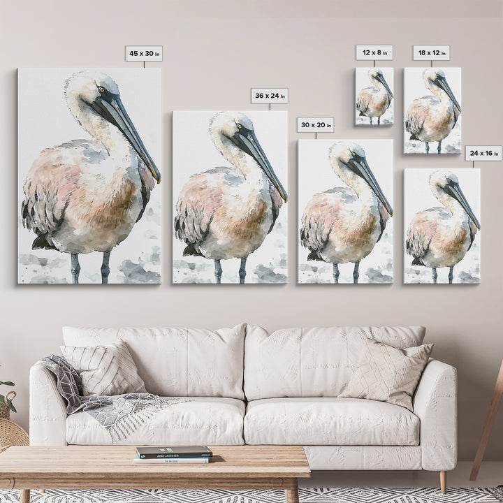 Soft Watercolor Pelican Framed Canvas Print, Coastal Bird Wall Art, Nautical Decor, Ocean Animal Print And Beach House Gift
