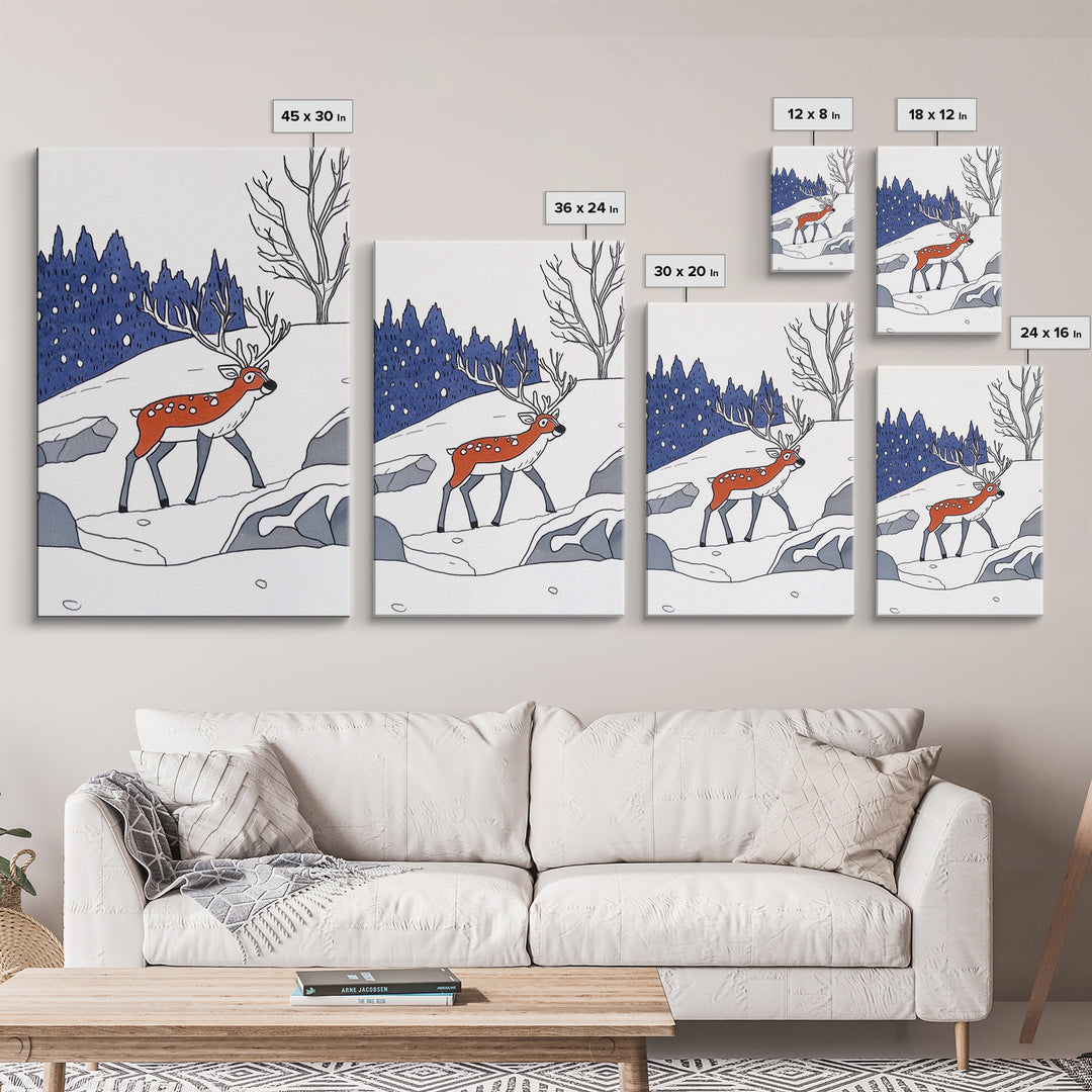 Red Reindeer In Snowy Forest Wall Art, Whimsical Winter Nursery Print, Woodland Animal Decor, Christmas Gift For Kids Room Decor