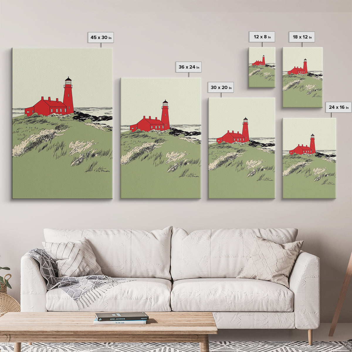 Red Coastal Lighthouse Canvas Print, Nautical Beach House Wall Art, Seascape Landscape Poster, Ocean Home Decor Gift For Her