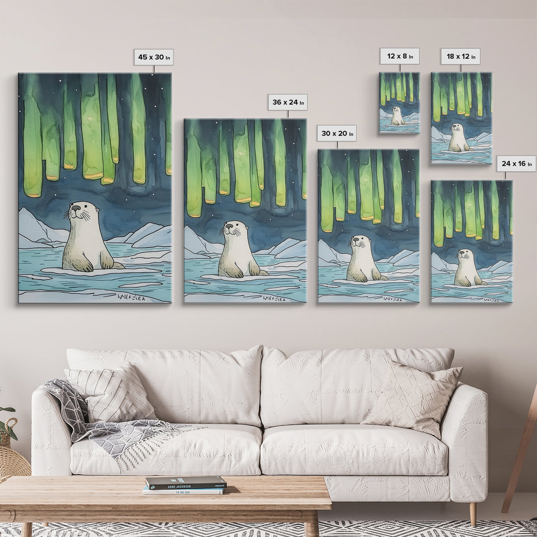 Whimsical Otter Under Northern Lights Wall Art, Arctic Animal Print, Kids Room Decor, Nursery Art, Coastal Nature Decor Gift