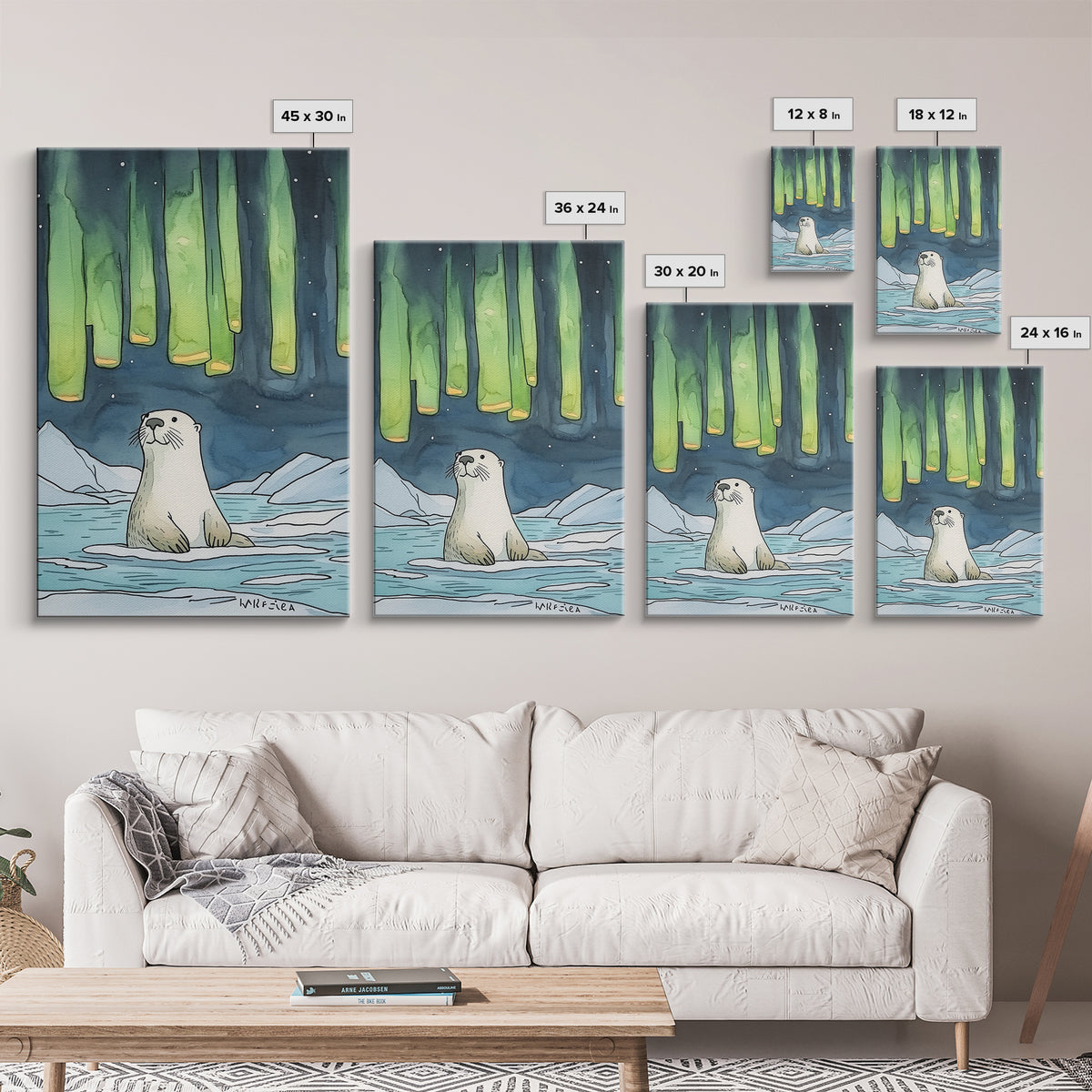 Whimsical Otter Under Northern Lights Wall Art, Arctic Animal Print, Kids Room Decor, Nursery Art, Coastal Nature Decor Gift