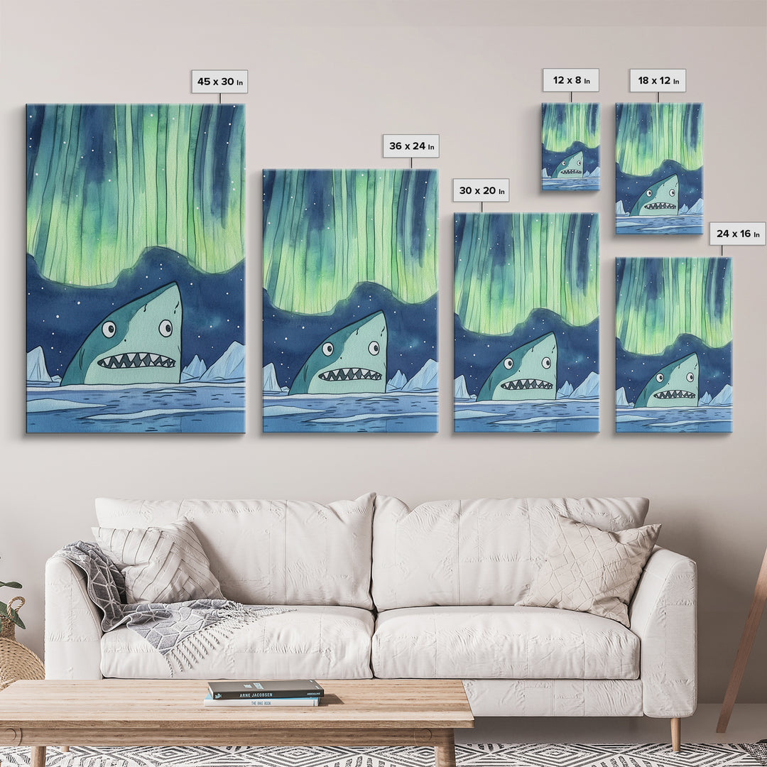 Whimsical Shark Under Northern Lights Wall Art, Arctic Ocean Print, Kids Room Decor, Nautical Nursery Art, Fun Coastal Decor