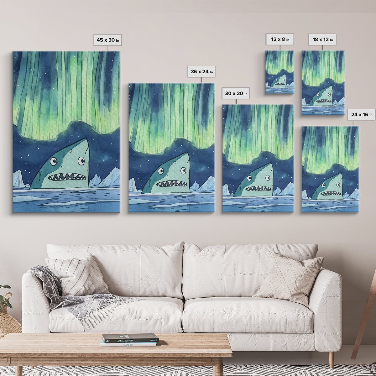 Whimsical Shark Under Northern Lights Wall Art, Arctic Ocean Print, Kids Room Decor, Nautical Nursery Art, Fun Coastal Decor