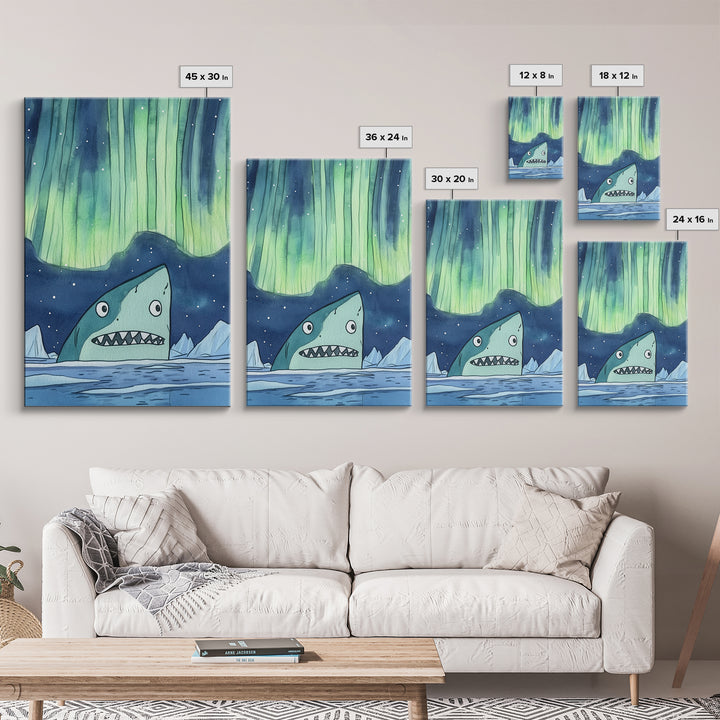 Whimsical Shark Under Northern Lights Wall Art, Arctic Ocean Print, Kids Room Decor, Nautical Nursery Art, Fun Coastal Decor
