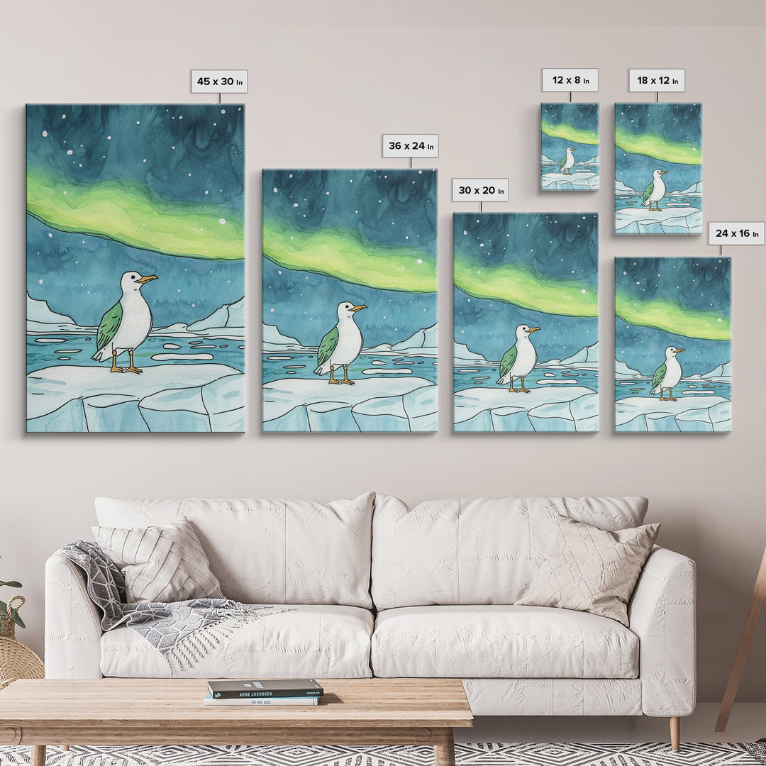 Seagull On Ice Under Aurora Wall Art, Arctic Coastal Bird Print, Ocean Nursery Decor, Nautical Bathroom Art, Beach House Decor