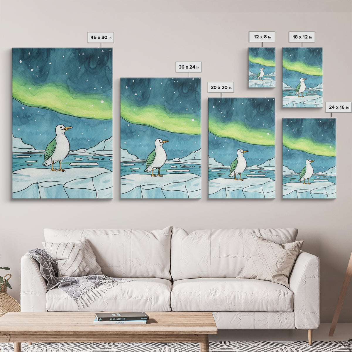 Seagull On Ice Under Aurora Wall Art, Arctic Coastal Bird Print, Ocean Nursery Decor, Nautical Bathroom Art, Beach House Decor