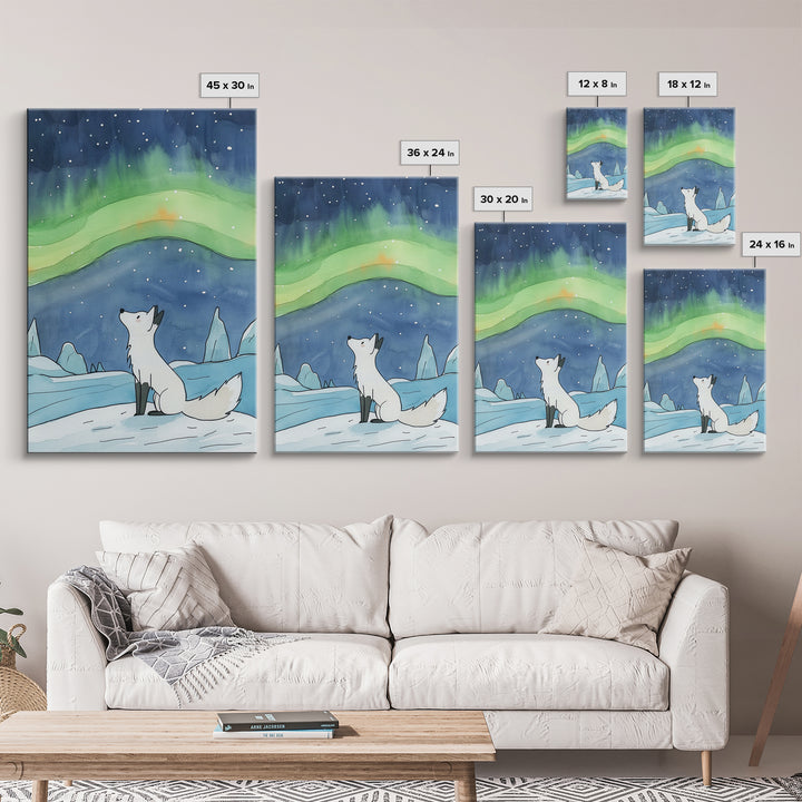 White Arctic Fox Under Aurora Wall Art, Celestial Night Sky Print, Winter Nursery Decor, Whimsical Wildlife Wall Decor, Gift For Her