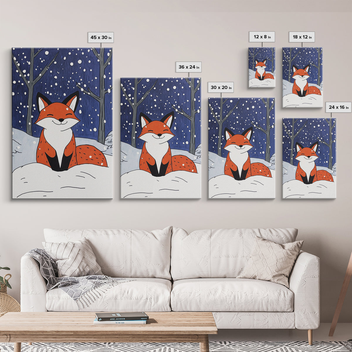 Smiling Red Fox In Falling Snow Wall Art, Cute Woodland Animal Art Print, Winter Nursery Decor, Whimsical Kids Room Decor