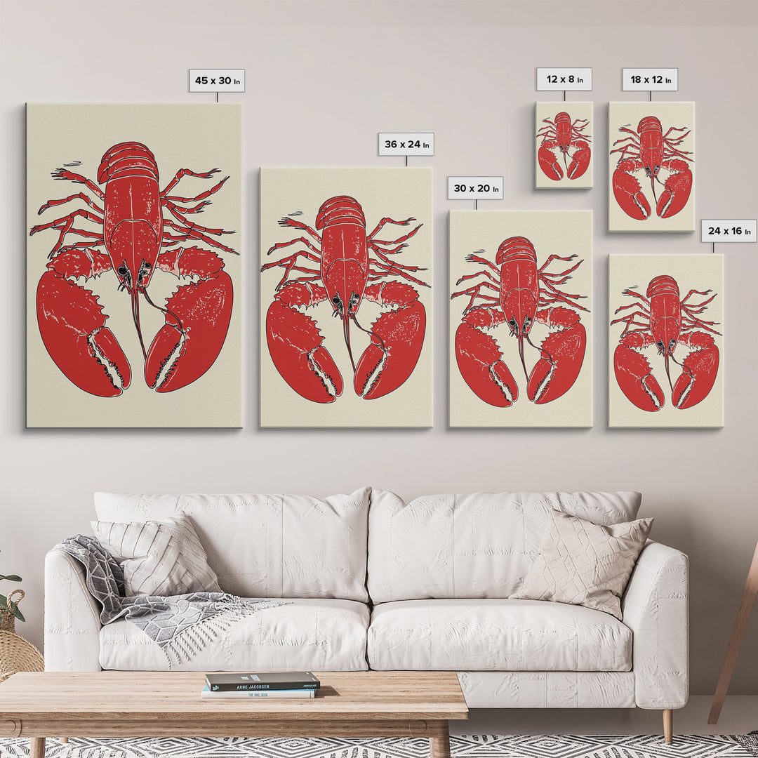 Bold Red Lobster Illustration Canvas Print, Seafood Kitchen Wall Art, Coastal Home Decor, Nautical Dining Room Print Gift