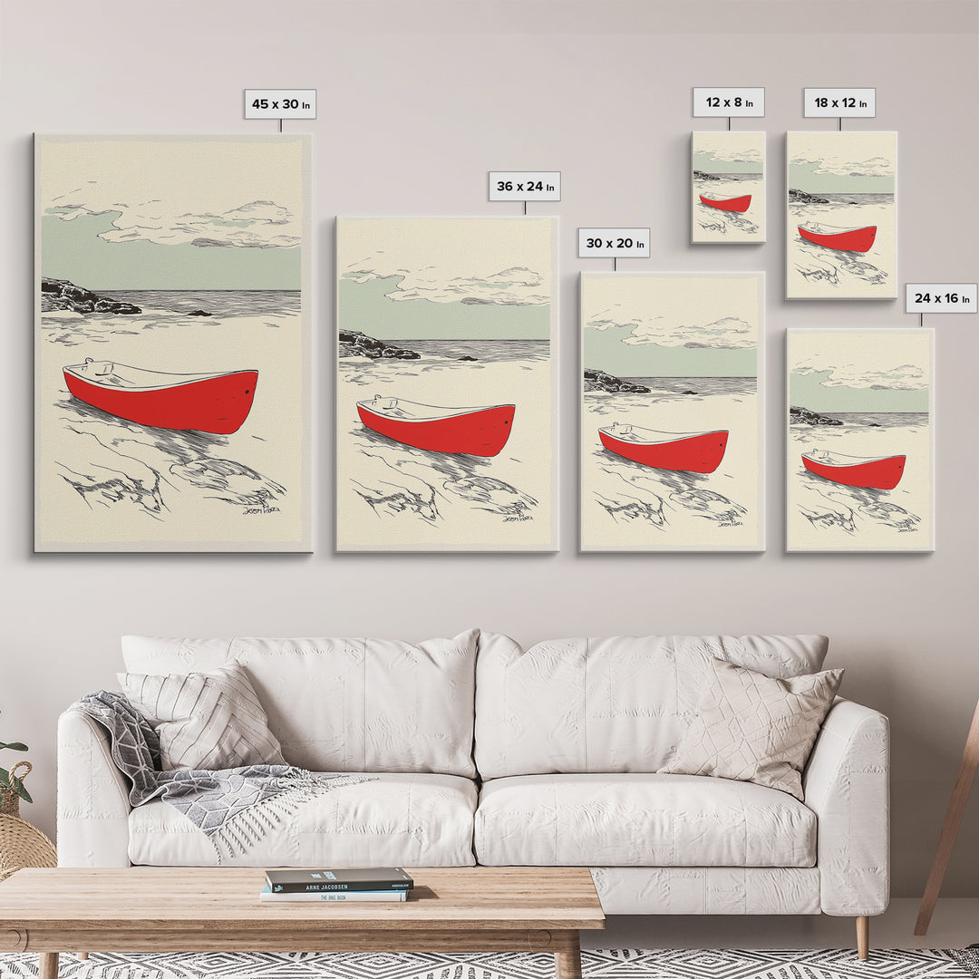 Red Rowboat On Rocky Shore Wall Art, Nautical Coastal Print, Beach House Decor, Seascape Wall Art, Lake House Gift For Him