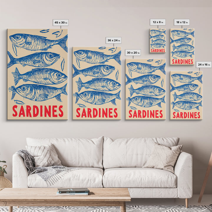 Blue Sardines Seafood Poster Canvas Print, Coastal Kitchen Wall Art, Nautical Wall Decor, Ocean Fish Art For Home Decor Gift