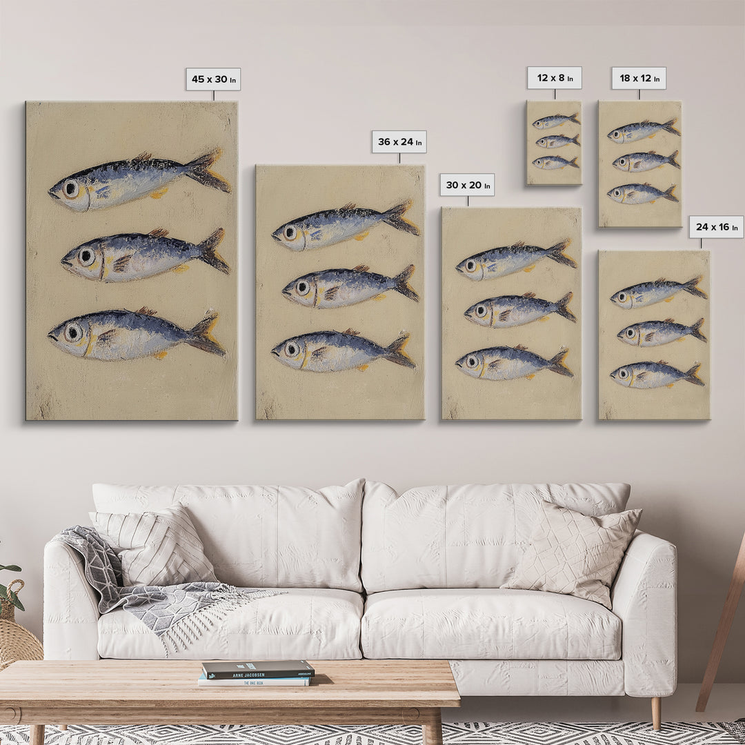 Three Silver Sardine Fish Painting Wall Art, Coastal Kitchen Decor, Nautical Sea Life Canvas, Beach House Gift Print For Home Decor