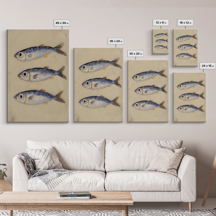 Three Silver Sardine Fish Painting Wall Art, Coastal Kitchen Decor, Nautical Sea Life Canvas, Beach House Gift Print For Home Decor