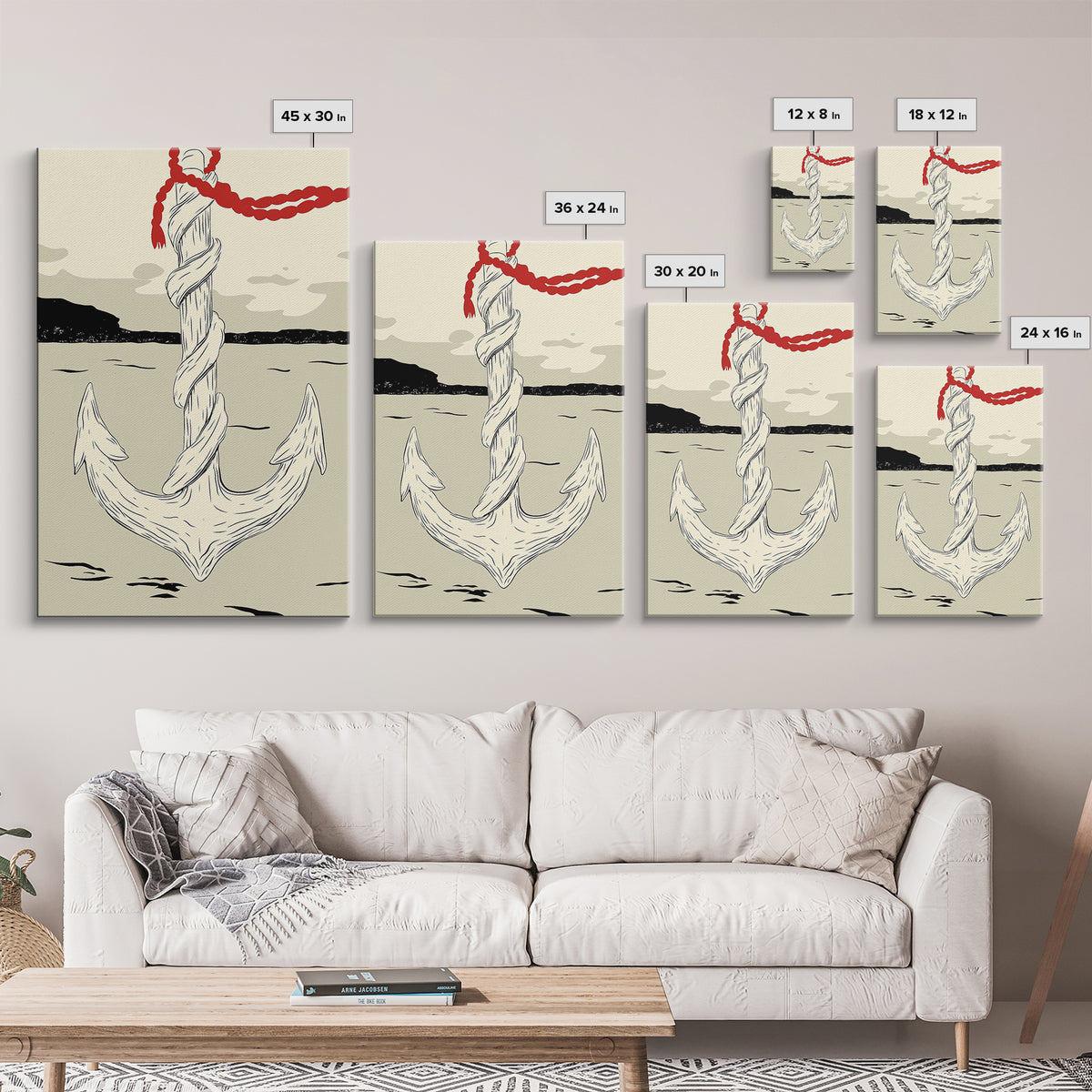 White Rope Anchor Illustration Wall Art, Nautical Coastal Decor, Beach House Canvas Print, Seaside Gift For Him, Ocean Wall Decor