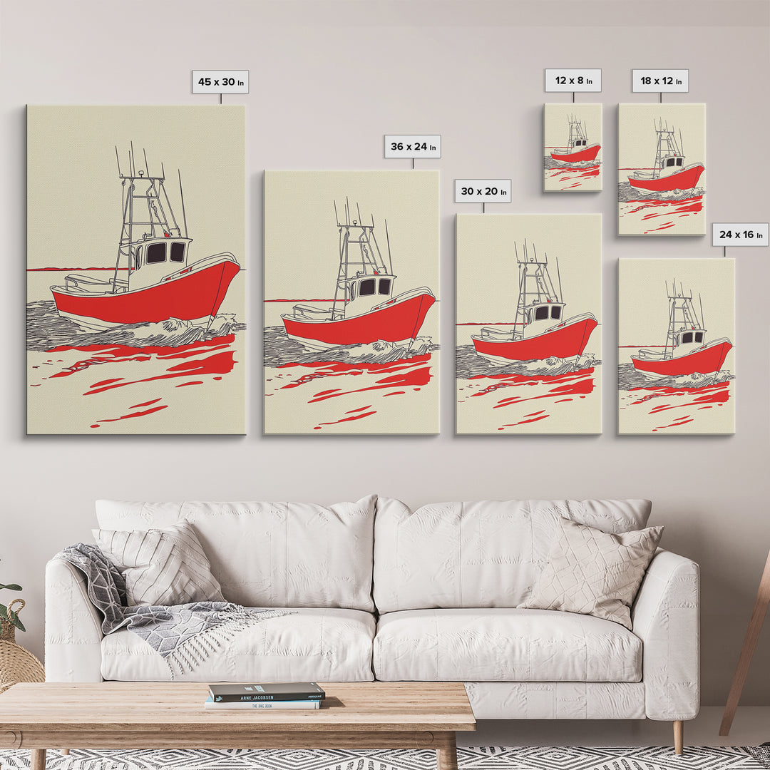 Red Fishing Boat Illustration Canvas Print, Nautical Wall Art, Coastal Beach House Decor, Maritime Gift For Him, Ocean Wall Decor