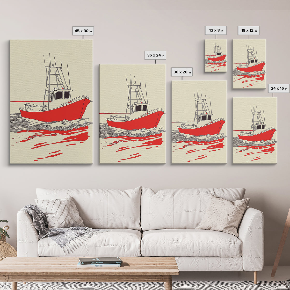 Red Fishing Boat Illustration Canvas Print, Nautical Wall Art, Coastal Beach House Decor, Maritime Gift For Him, Ocean Wall Decor