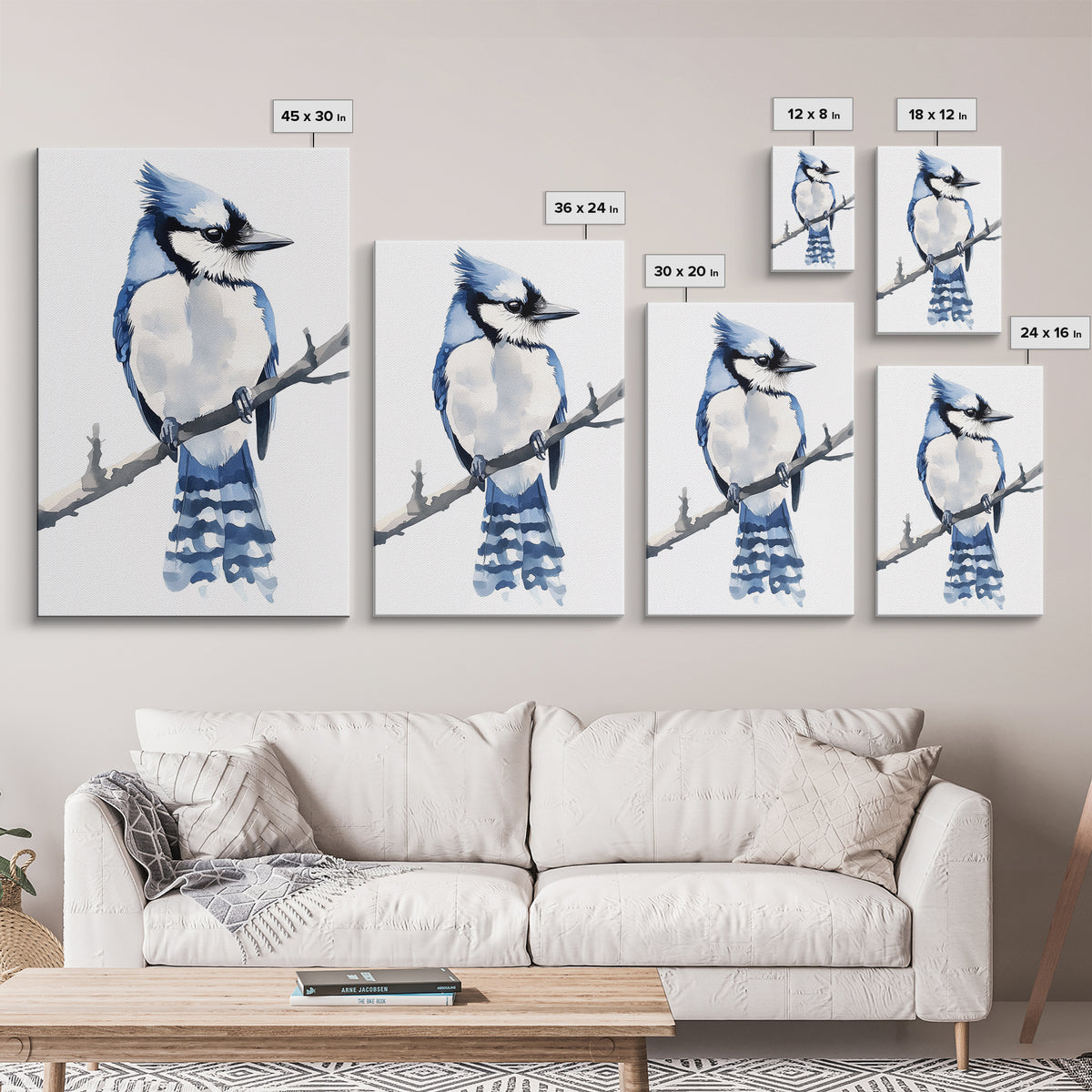 Blue Jay Bird Watercolor Wall Art, Woodland Nature Decor, Bird Lover Gift, Nursery Animal Canvas Print, Coastal Blue Art