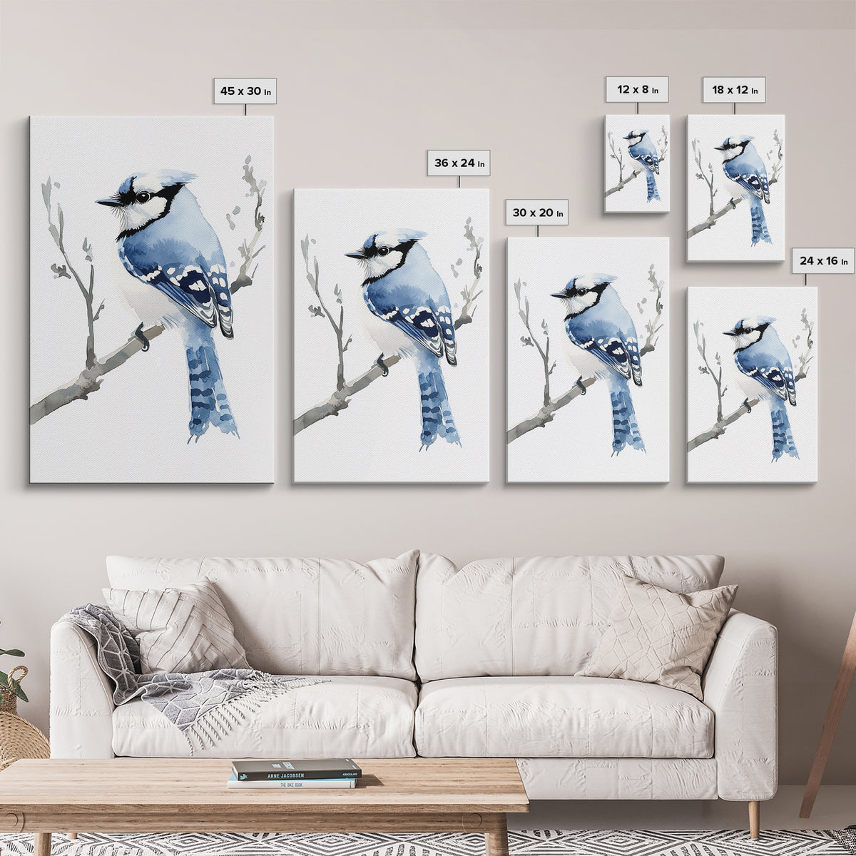 Blue Jay Perched On Branch Wall Art, Watercolor Bird Print, Woodland Nursery Decor, Nature Canvas Print, Bird Lover Gift