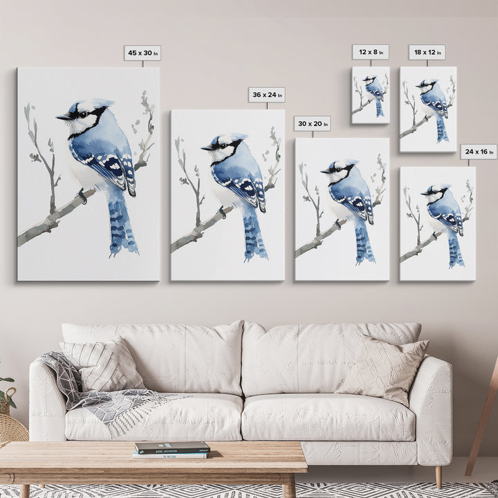 Blue Jay Perched On Branch Wall Art, Watercolor Bird Print, Woodland Nursery Decor, Nature Canvas Print, Bird Lover Gift