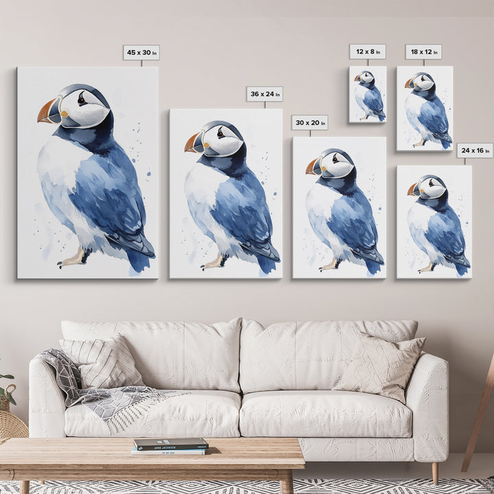 Atlantic Puffin Bird Watercolor Wall Art, Coastal Wildlife Decor, Nautical Canvas Print, Ocean Nursery Gift, Blue Seabird Art
