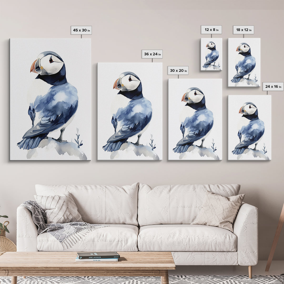 Puffin Bird Watercolor Canvas Print, Coastal Wildlife Wall Art, Nautical Nursery Decor, Ocean Animal Gift, Blue Seabird Art