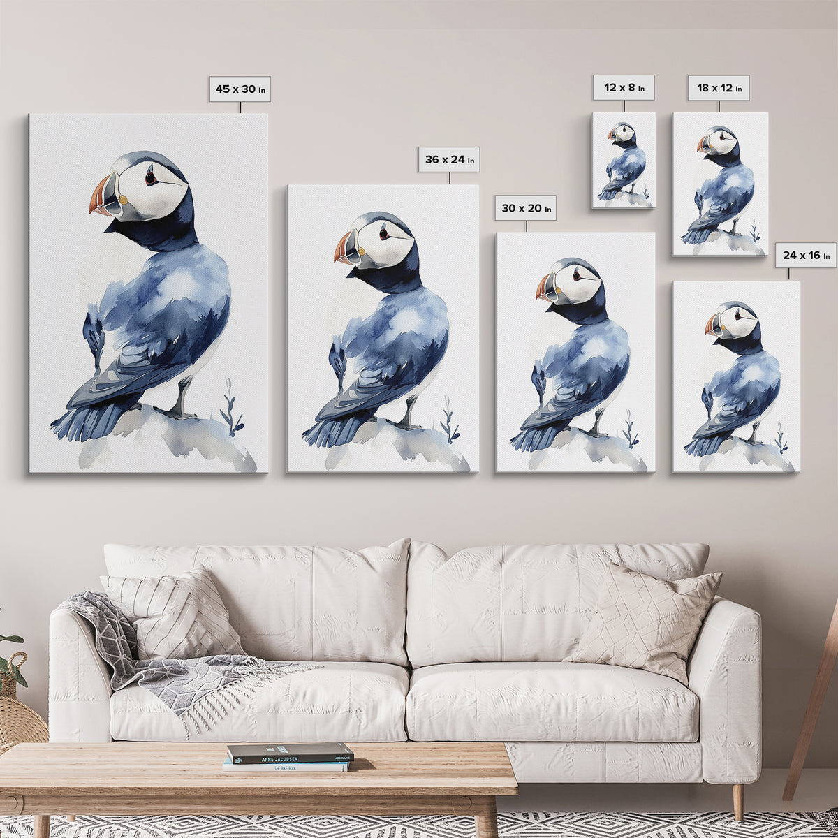 Puffin Bird Watercolor Canvas Print, Coastal Wildlife Wall Art, Nautical Nursery Decor, Ocean Animal Gift, Blue Seabird Art