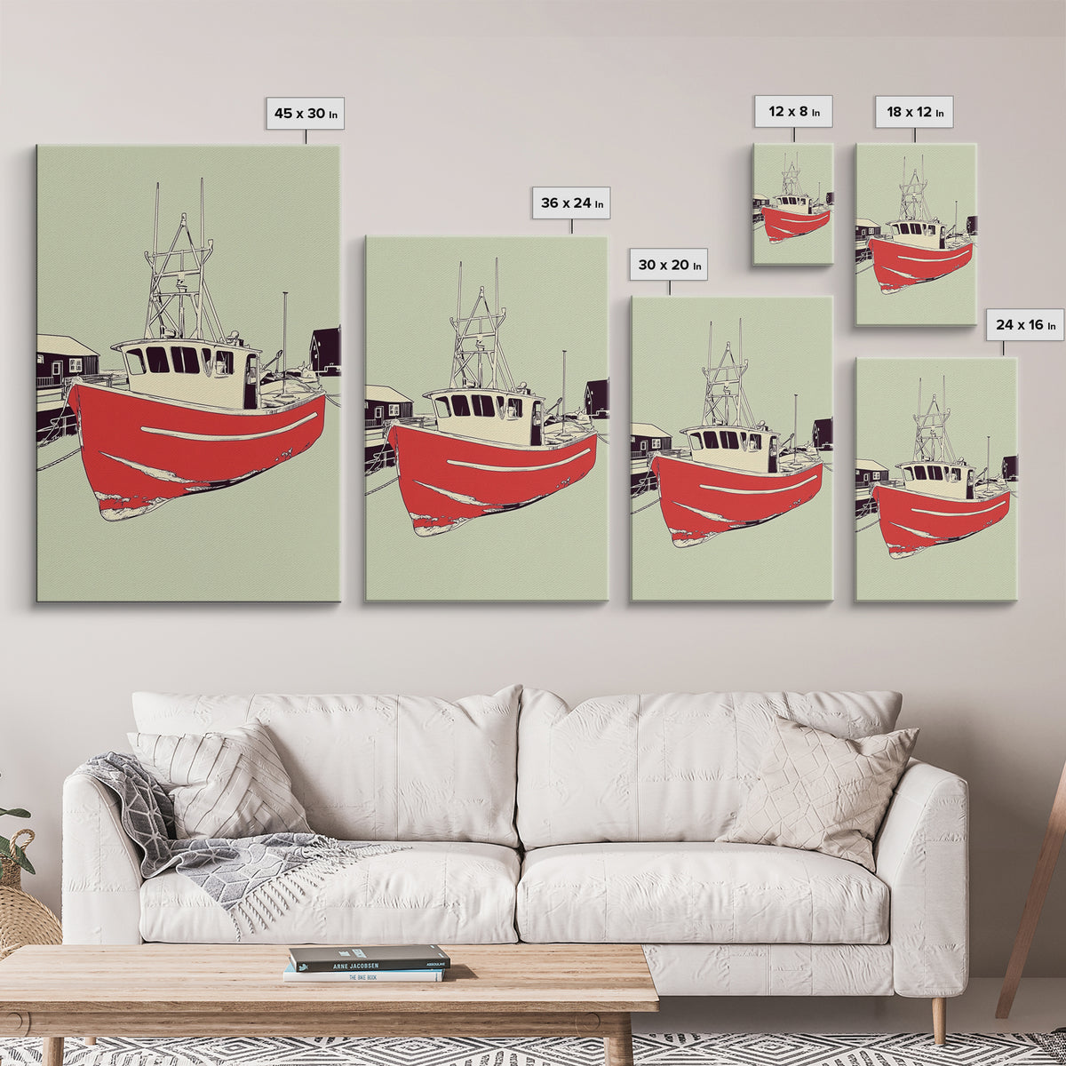 Red Fishing Boat In Harbor Wall Art, Nautical Coastal Canvas Print, Beach House Decor, Maritime Living Room Art Gift For Him