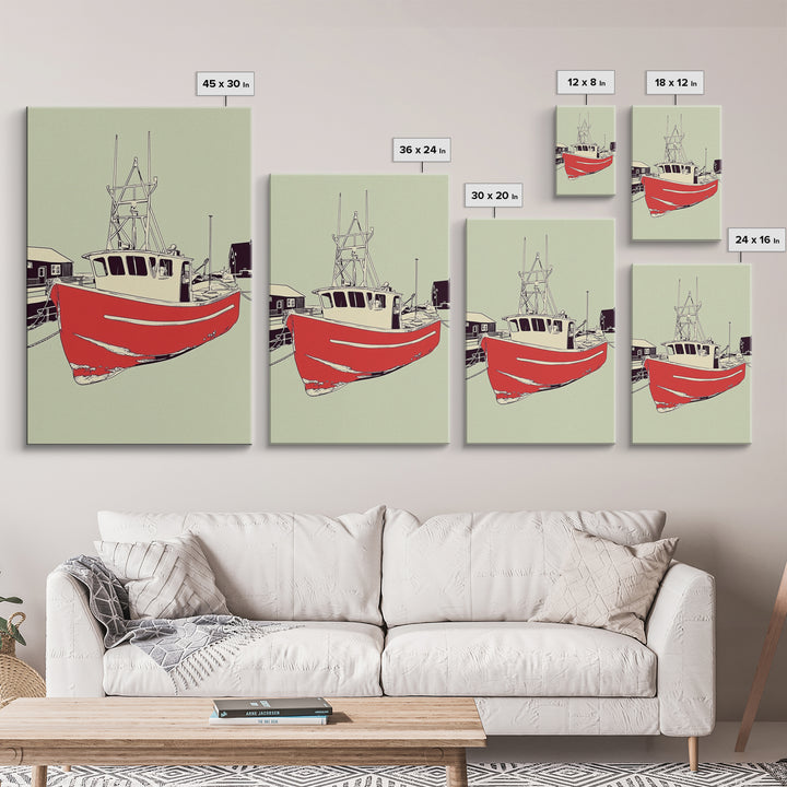 Red Fishing Boat In Harbor Wall Art, Nautical Coastal Canvas Print, Beach House Decor, Maritime Living Room Art Gift For Him
