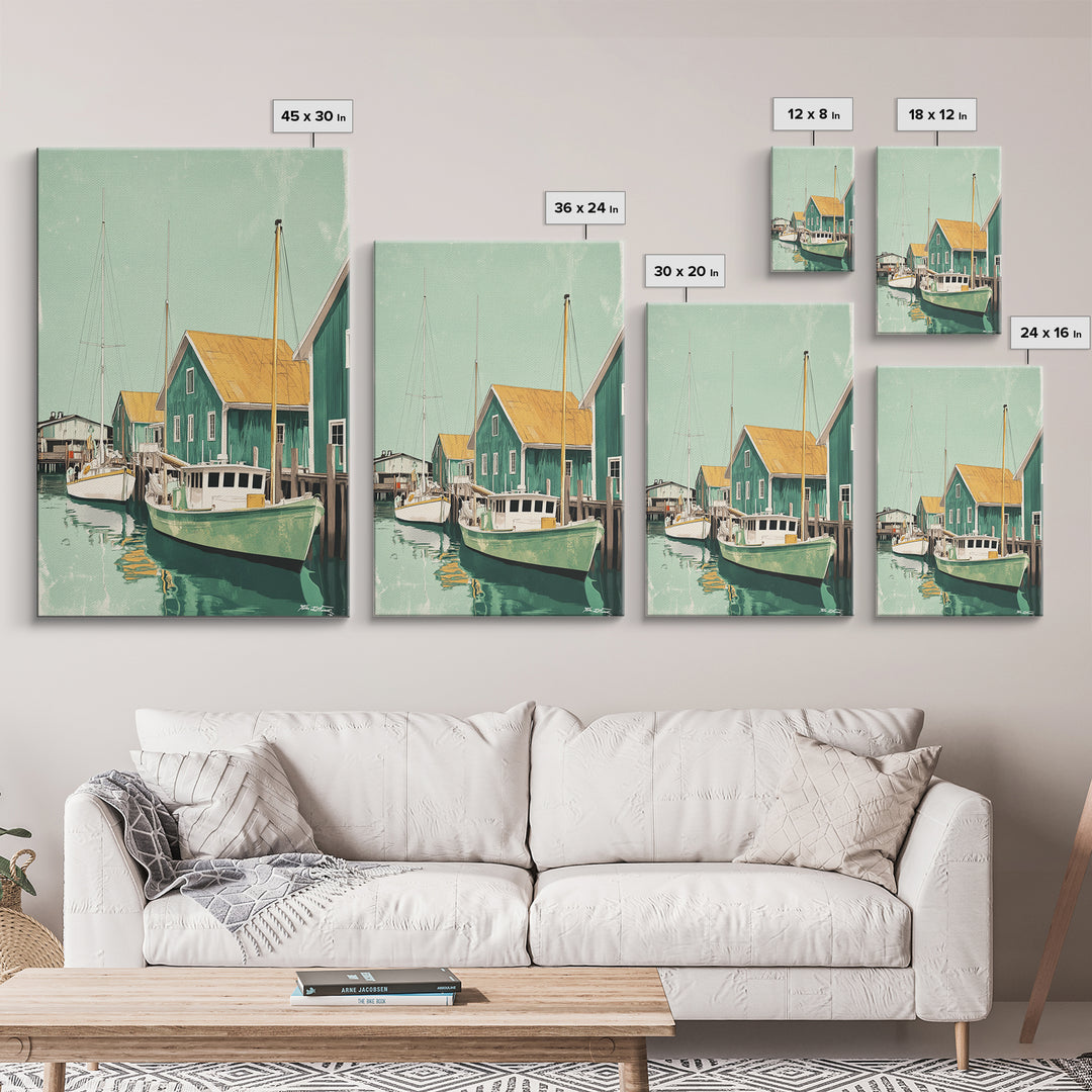 Green Fishing Boats By Dock Framed Canvas Print, Nautical Wall Art, Coastal Home Decor, Beach House Living Room Art Gift