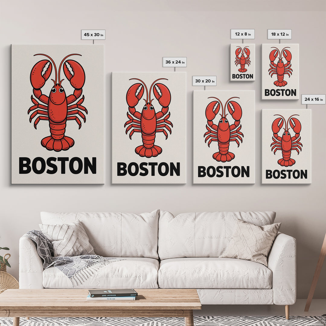 Red Lobster Boston Canvas Print, Coastal Kitchen Wall Art, Nautical Seafood Poster, New England Beach House Decor Art Gift