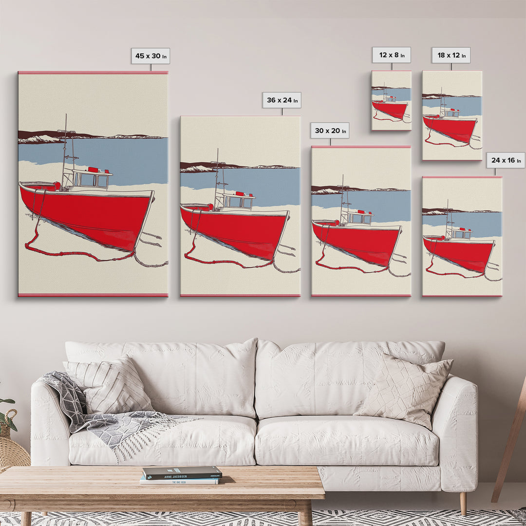 Red Lobster Boat On Blue Bay Wall Art, Nautical Coastal Canvas Print, Beach House Decor, Maritime Seascape Art Gift For Him