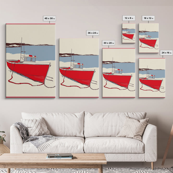 Red Lobster Boat On Blue Bay Wall Art, Nautical Coastal Canvas Print, Beach House Decor, Maritime Seascape Art Gift For Him