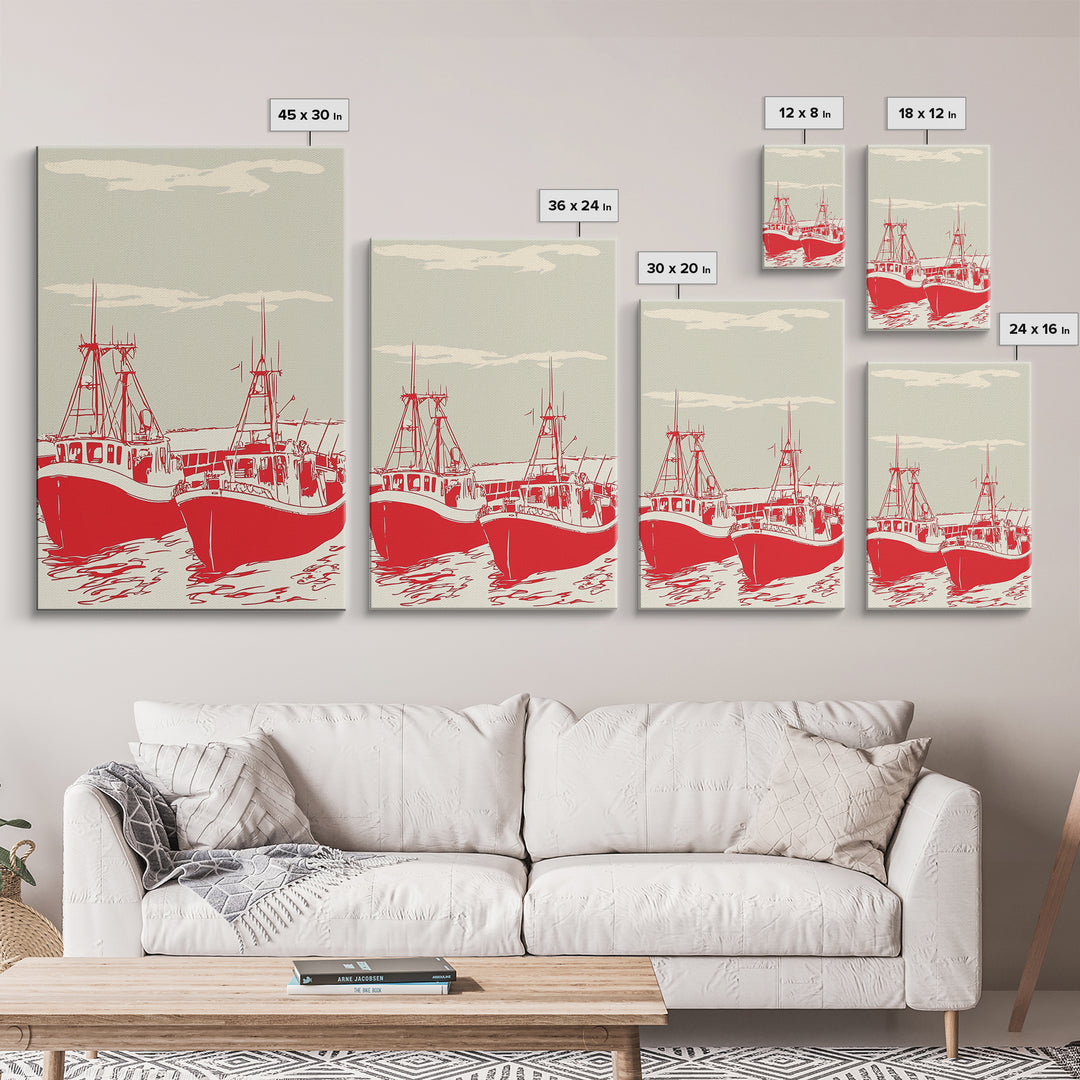 Two Red Fishing Boats At Harbor Canvas Print, Nautical Wall Art, Coastal Decor, Maritime Living Room Poster Gift For Him