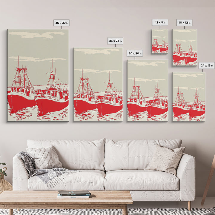 Two Red Fishing Boats At Harbor Canvas Print, Nautical Wall Art, Coastal Decor, Maritime Living Room Poster Gift For Him