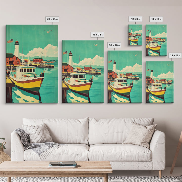 Harbor Boat With Lighthouse Framed Canvas Print, Coastal Wall Art, Nautical Travel Poster, Beach House Living Room Decor