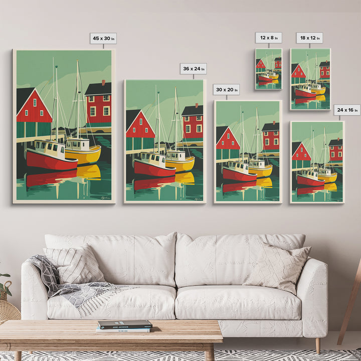 Red And Yellow Boats By Boathouse Wall Art, Nautical Coastal Canvas Print, Scandinavian Harbor Home Decor, Lake House Gift