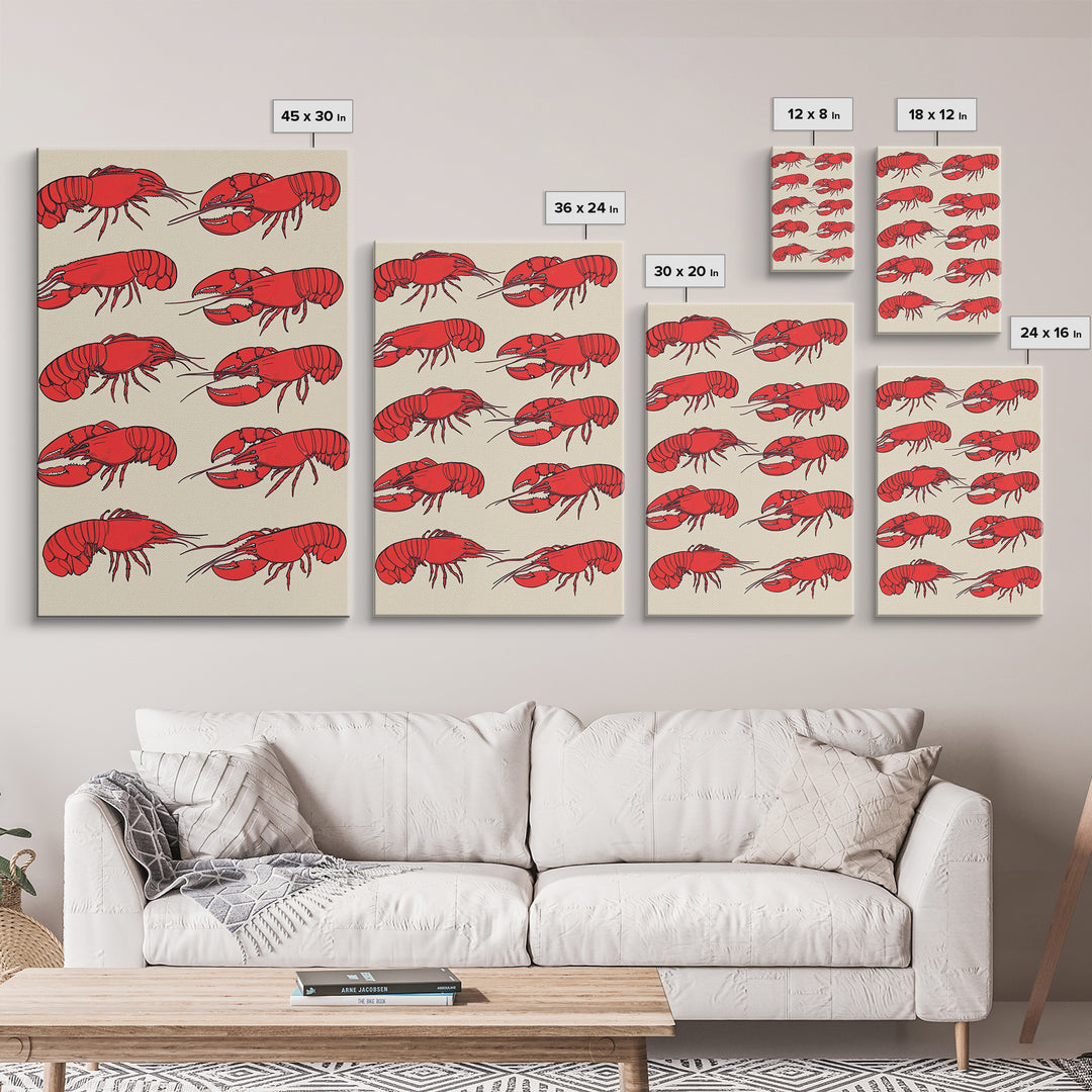 Red Lobster Pattern On Beige Wall Art, Coastal Kitchen Decor, Seafood Print, Nautical Home Decor, Beach House Dining Room Gift