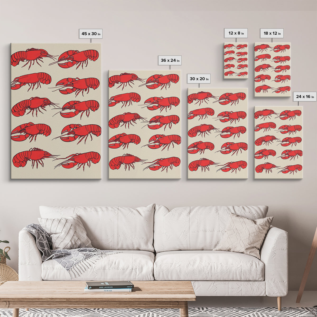 Red Lobster Pattern On Beige Wall Art, Coastal Kitchen Decor, Seafood Print, Nautical Home Decor, Beach House Dining Room Gift