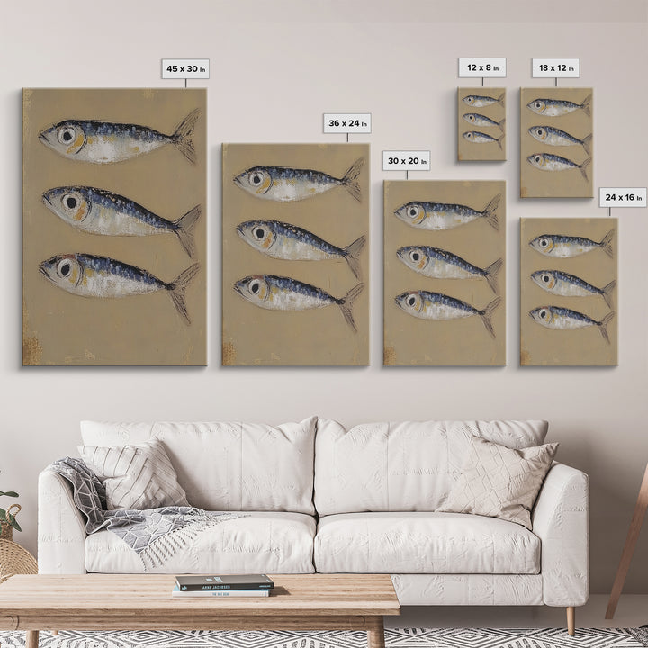Three Blue Sardines On Beige Canvas Print, Coastal Kitchen Wall Art, Nautical Seafood Decor, Beach House Gift For Dining Room Home Decor
